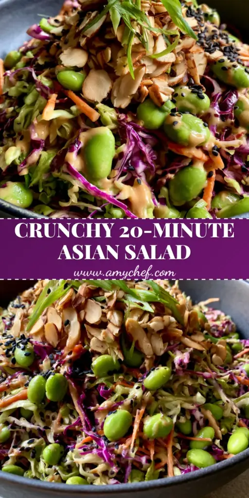 A vibrant Crunchy Asian Cabbage Salad in a dark charcoal bowl, featuring shredded purple and green cabbage, matchstick carrots, and bright edamame beans topped with black sesame seeds.