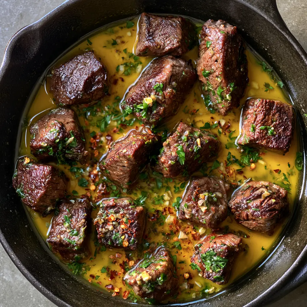 Cowboy Butter Recipe with Seared Garlic Herb Steak Bites 1 Juicy steak bites in a skillet with flecks of parsley and red pepper flakes in a golden butter sauce.