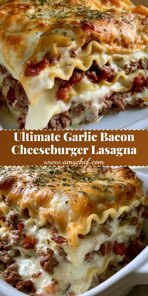 A close-up cross-section of Bacon Cheeseburger Lasagna in a white ceramic dish showing layers of beef, bacon, and white garlic sauce. (Bacon Cheeseburger Lasagna)