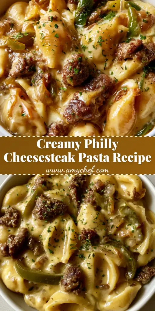 A close-up shot of creamy Philly Cheesesteak Pasta shells in a white bowl, showing glossy cheese sauce, green peppers, and browned beef crumbles.
