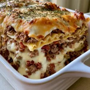 Overhead view of a white ceramic baking dish filled with Bacon Cheeseburger Lasagna topped with melted golden cheddar and parsley. (Bacon Cheeseburger Lasagna)