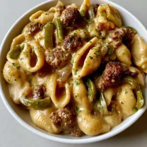 High-angle view of Philly Cheesesteak Pasta in a white bowl with green bell pepper strips and fresh parsley garnish.