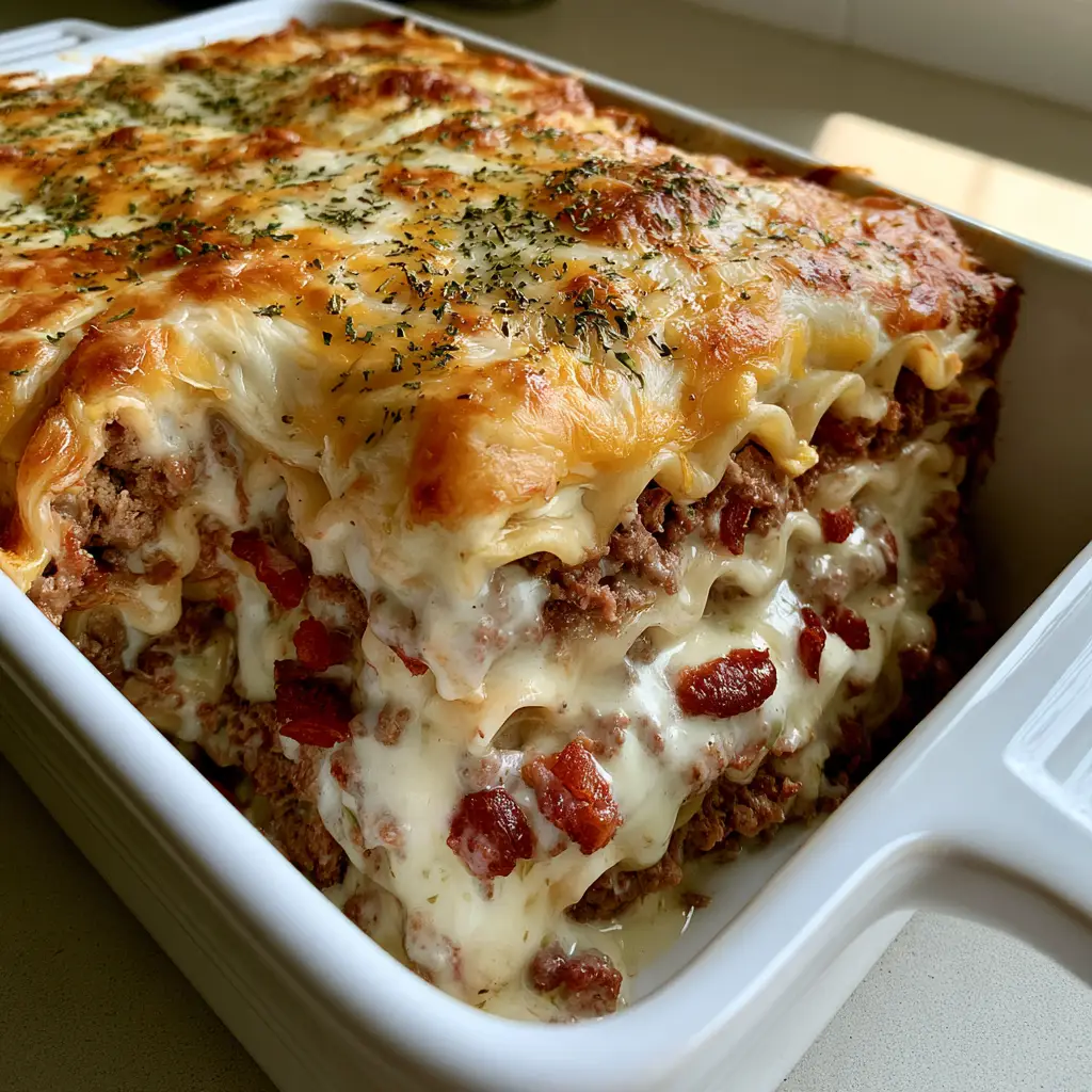 A smartphone-style photo of a slice of Bacon Cheeseburger Lasagna showing oozing white garlic béchamel sauce. (Bacon Cheeseburger Lasagna)