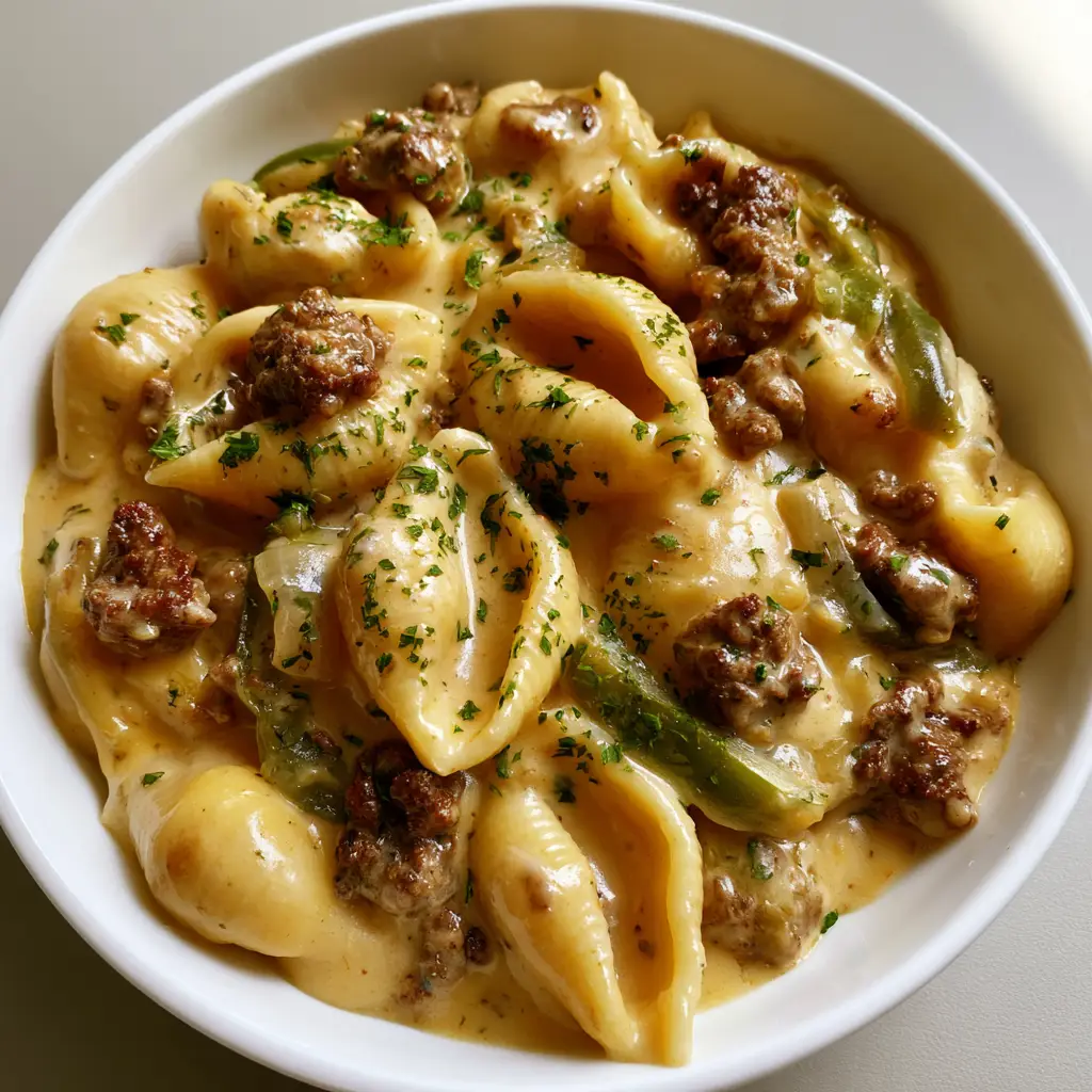 Detailed close-up of seared ground beef and softened green peppers in a creamy Philly Cheesesteak Pasta.