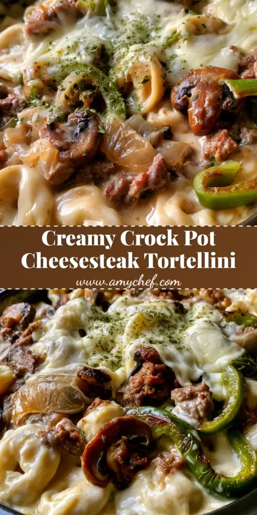 A handheld smartphone photo of a black ceramic slow cooker pot filled with plump cheese-filled tortellini in a thick ivory cream cheese sauce with ground beef, green peppers, and mushrooms, topped with melted mozzarella and parsley.