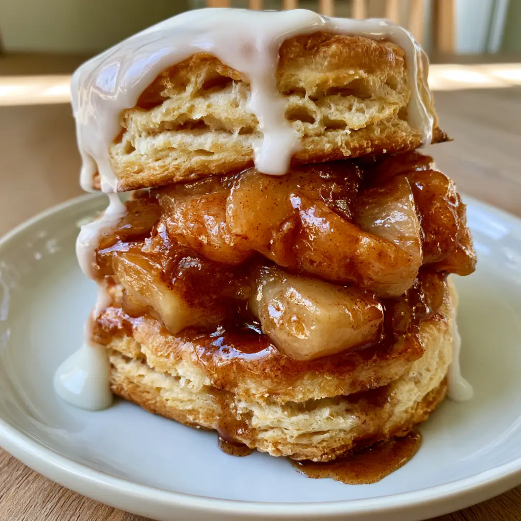 Handheld smartphone photo of apple pie biscuit sandwiches with heavy opaque white glaze dripping on a white plate.