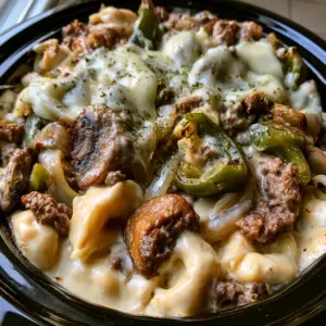 Overhead view of Crock Pot Cheesesteak Tortellini showing browned beef crumbles, green peppers, and earthy mushrooms in a glossy ivory sauce.