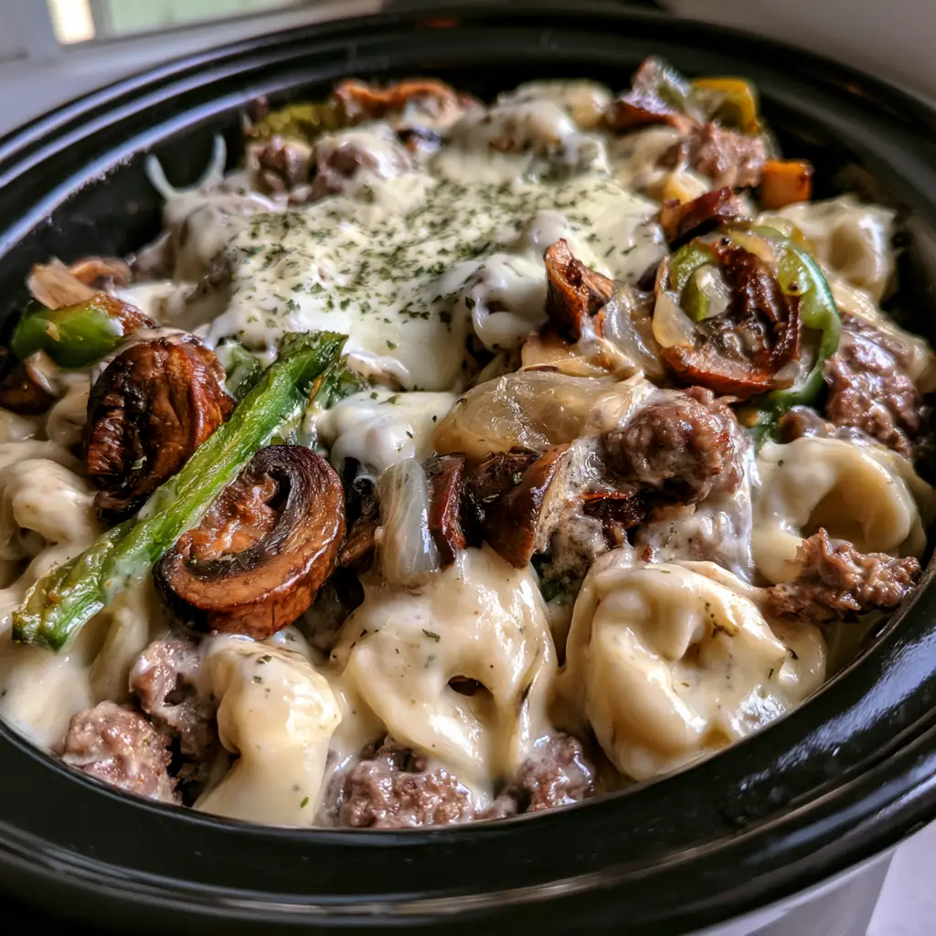 Close up of melted stretchy white cheese bubbling over cheese-filled tortellini and beef in a black slow cooker.