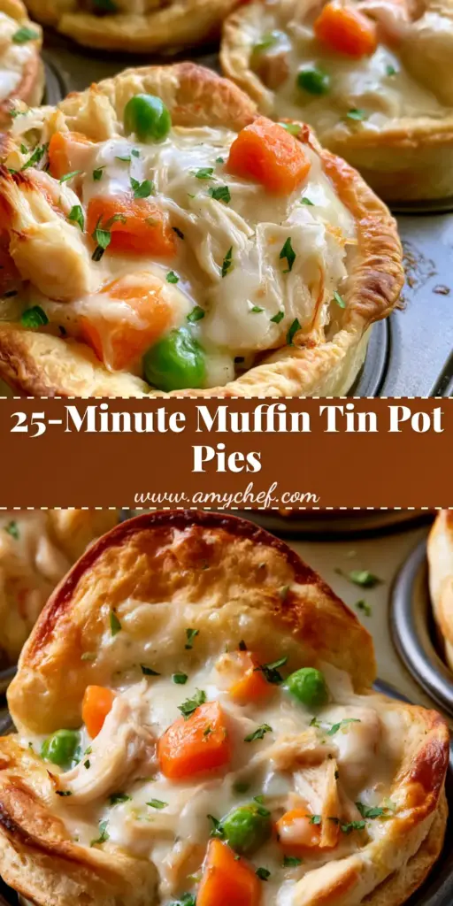 A close-up vertical shot of Chicken Pot Pie Bites in a muffin tin with golden-brown biscuit crusts and creamy chicken filling topped with parsley.