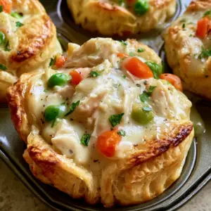 Close up of individual Chicken Pot Pie Bites in a dark metal tin showing flaky golden-brown biscuit dough and creamy white gravy with carrots and peas.