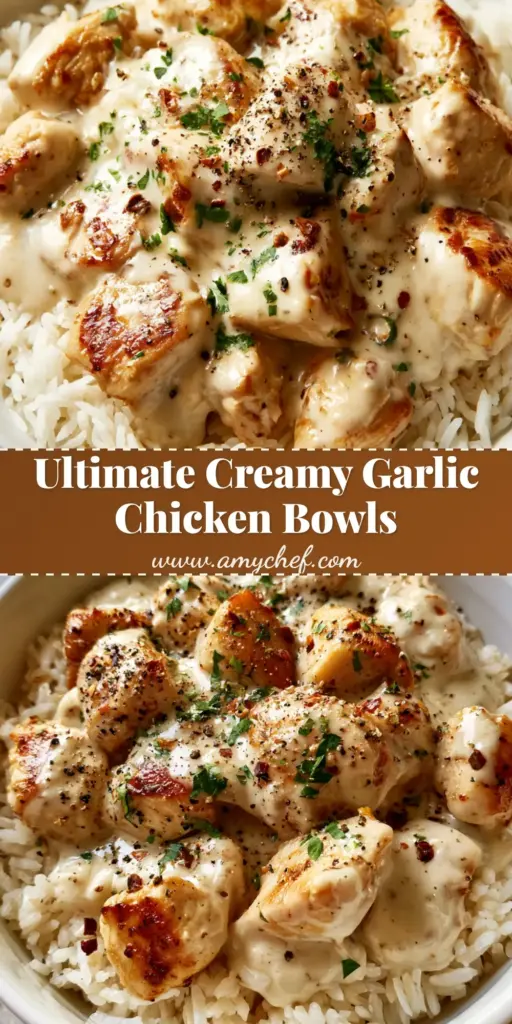A top-down view of a Creamy Garlic Chicken Rice Bowl showing golden seared chicken chunks in a white sauce over rice, topped with parsley and chili flakes. (Creamy Garlic Chicken Rice Bowls)