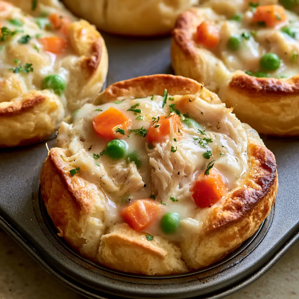 Overhead view of Chicken Pot Pie Bites highlighting the bubbly white gravy and fresh green parsley flakes garnish.
