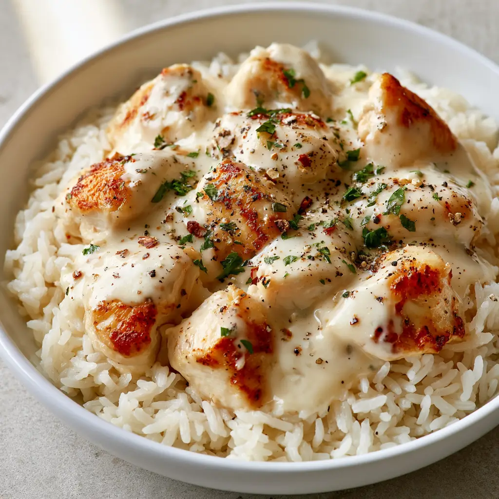 A beautifully plated Creamy Garlic Chicken Rice Bowl on a grey stone background with fresh parsley and red pepper flakes garnish.