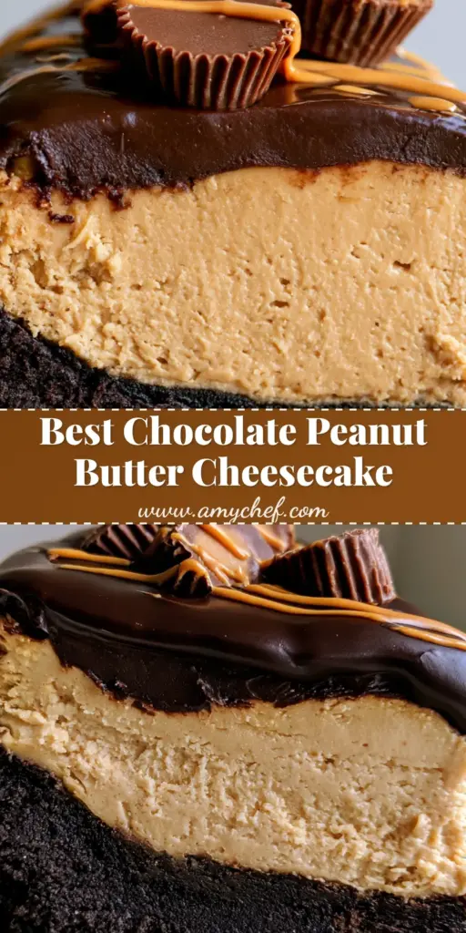 A vertical slice of Chocolate Peanut Butter Cheesecake featuring a dark chocolate cookie crust, tan peanut butter filling, glossy ganache, and halved PB cups on a white plate.