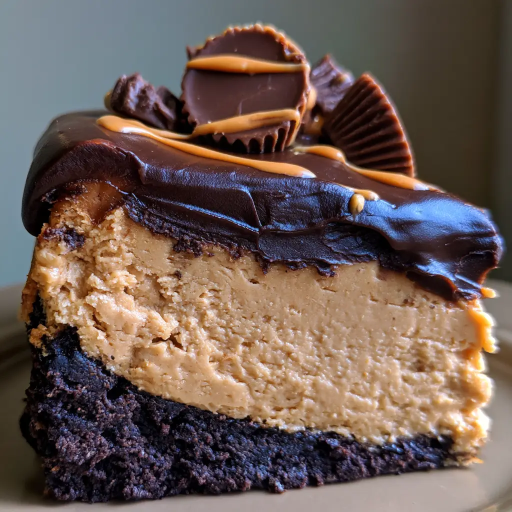 Close up of a vertical slice of Chocolate Peanut Butter Cheesecake showing the dense tan filling and dark chocolate crust.