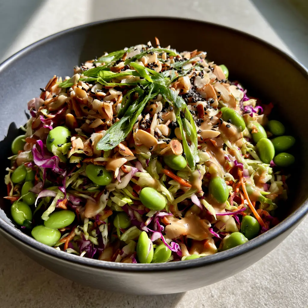 A top-down view of the Crunchy Asian Cabbage Salad highlighting the bright green scallions and plump blanched edamame.