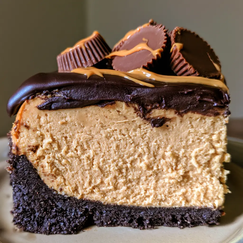 Side view of a Chocolate Peanut Butter Cheesecake slice with glossy chocolate topping and peanut butter drizzle.
