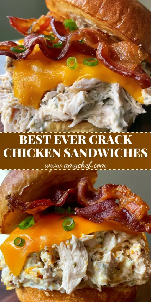A Slow Cooker Crack Chicken sandwich on a toasted brioche bun with crispy bacon and melted cheddar, photographed on a dark wooden board.