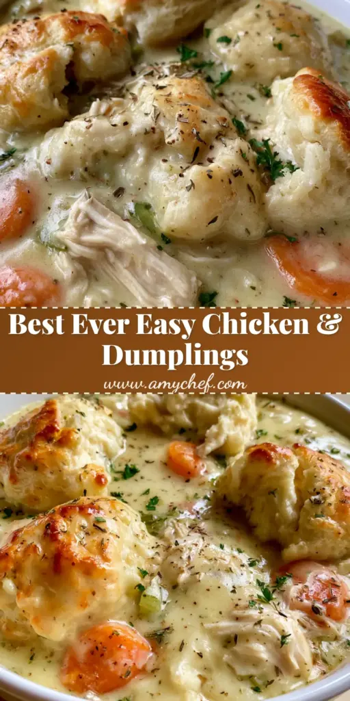 A close-up overhead shot of Chicken and Dumplings with Biscuits in a white ceramic bowl, showing shredded white meat chicken, yellow gravy, and torn golden biscuit dumplings.