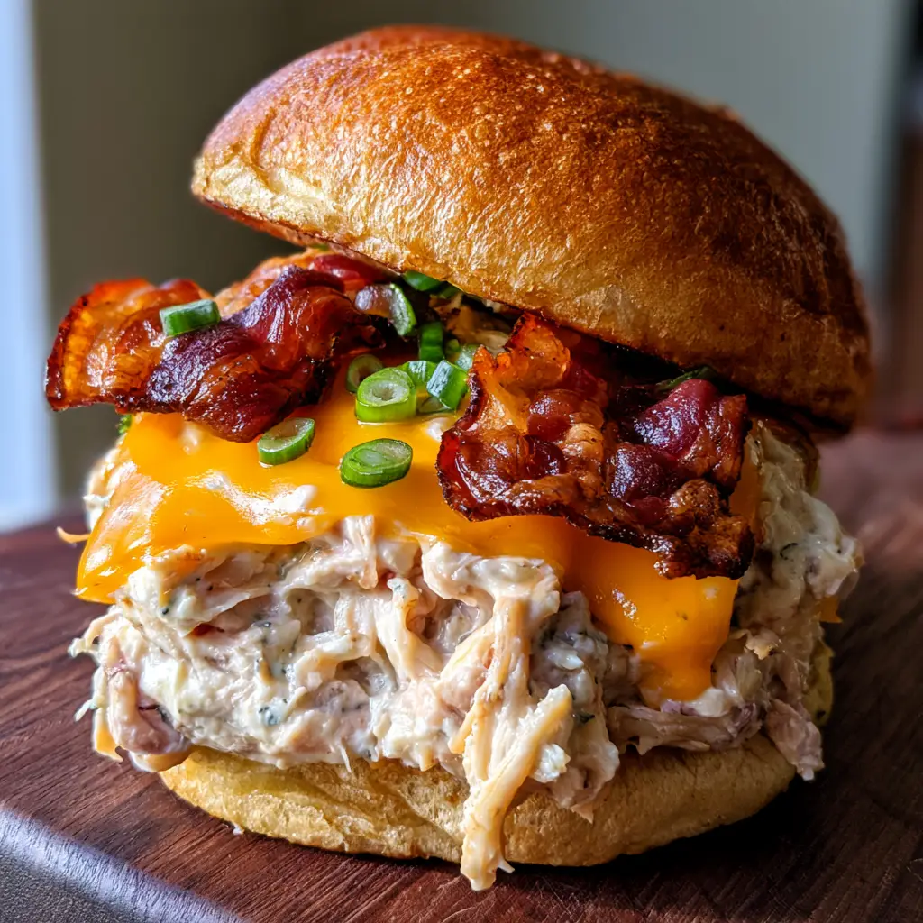 Slow Cooker Crack Chicken served on a brioche bun with two wavy strips of crispy bacon on top.
