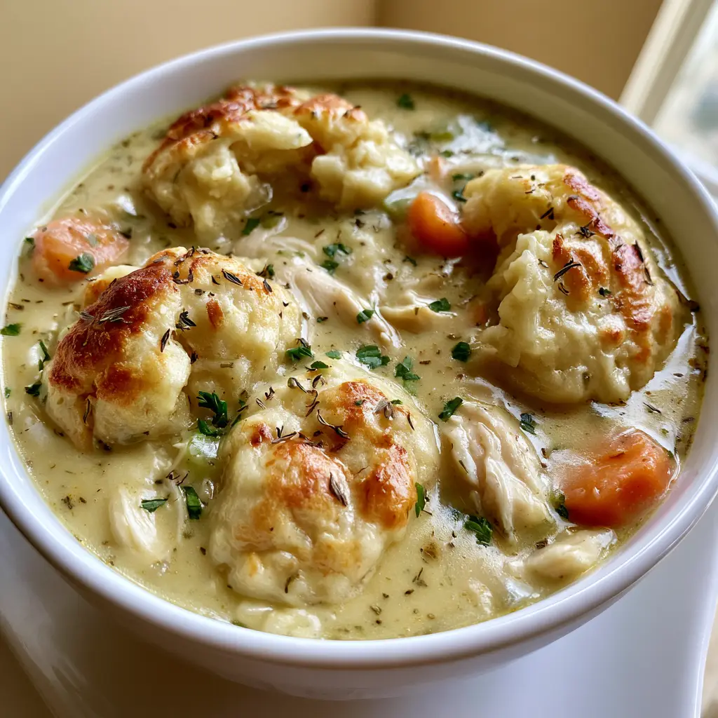 Macro view of Chicken and Dumplings with Biscuits showing the toasted, golden-brown tops of the torn biscuit dumplings and fresh parsley garnish.
