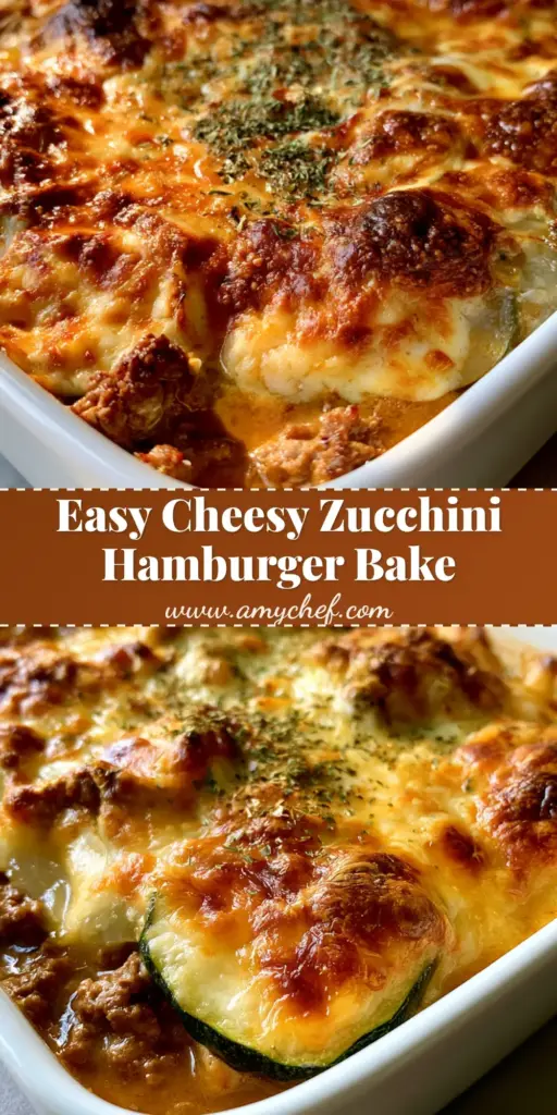A square white baking dish filled with Zucchini Hamburger Casserole, featuring a golden-brown charred cheese crust and green herb garnish.