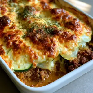 Close up of Zucchini Hamburger Casserole showing layers of browned ground beef and translucent zucchini rounds under melted cheese.