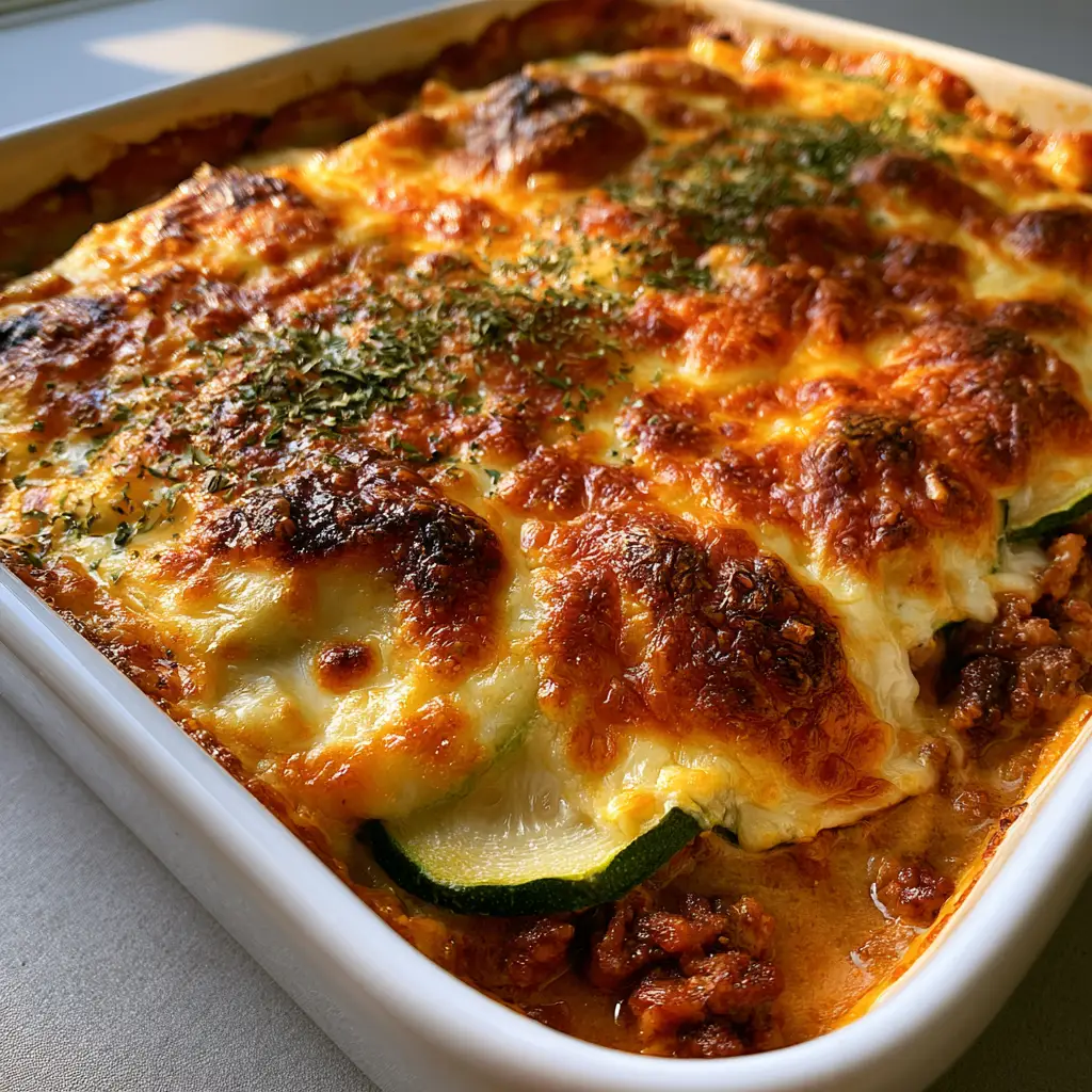 Overhead view of the finished Zucchini Hamburger Casserole with distinct toasted charred spots on the mozzarella cheese crust.