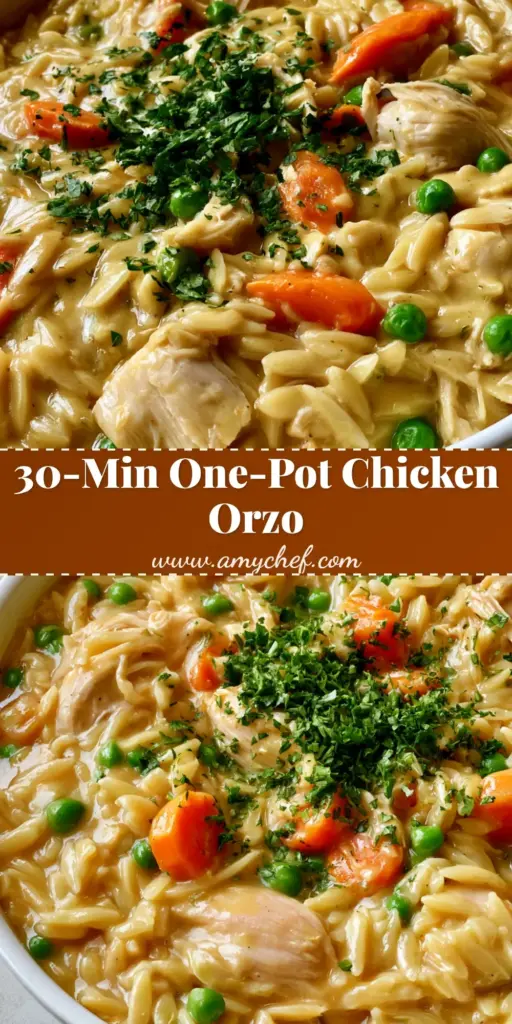 A shallow white ceramic skillet filled with creamy Chicken Pot Pie Orzo, featuring shredded chicken, orange carrot rounds, and green peas in a golden sauce. (Chicken Pot Pie Orzo)