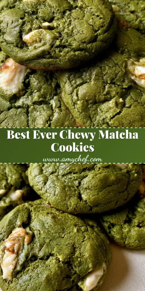 A close-up vertical shot of thick, soft-baked Matcha White Chocolate Cookies with a deep green color, rustic crackled surfaces, and melting white chocolate chunks.