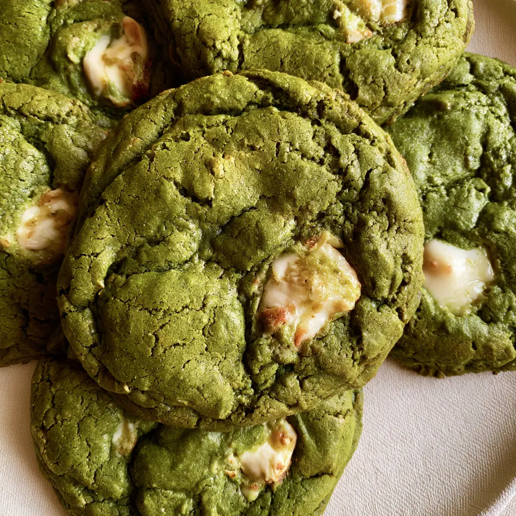 Several thick soft-baked matcha cookies stacked naturally on a neutral surface, showing deep green hue and caramelized white chocolate edges. (Matcha White Chocolate Cookies)