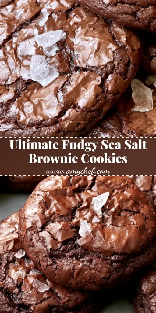 A close-up handheld photo of thick Brownie Cookies with a cracked shiny top and sea salt garnish.