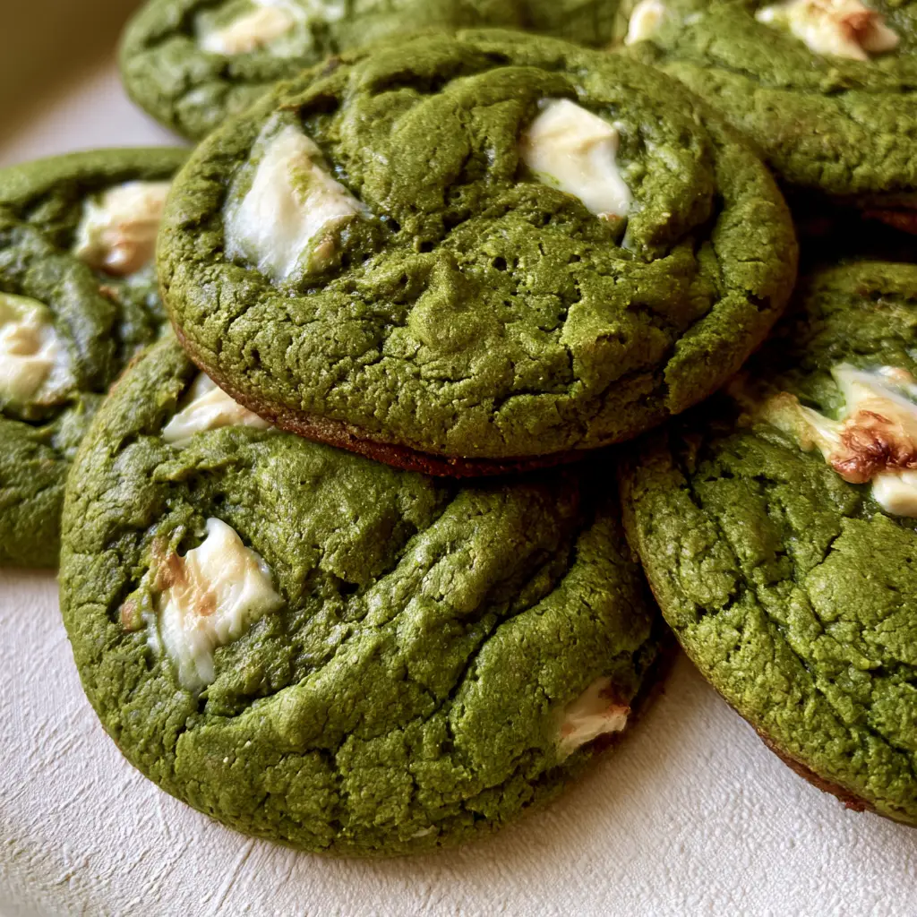 Close-up of a Matcha White Chocolate Cookie showing the moist fudgy dough and visible cracks on the surface.