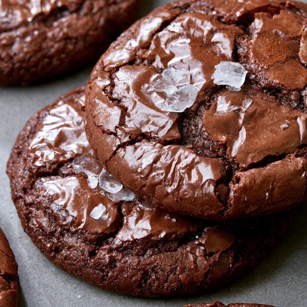 A stack of Brownie Cookies on a neutral surface with visible flaky sea salt garnish.