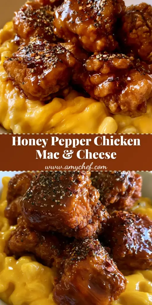 A shallow white bowl filled with creamy yellow macaroni and cheese topped with crispy fried chicken bites dripping in a glossy dark amber honey pepper glaze and red chili flakes.