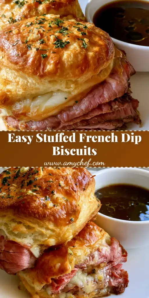 Close-up of French Dip Biscuits with a golden-brown crust and melted cheese, served with a dark au jus dipping sauce.
