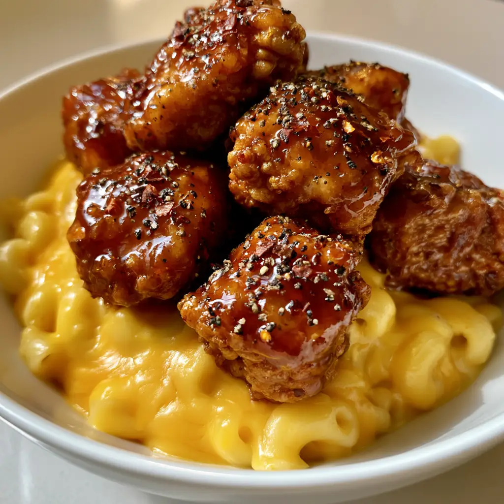Overhead view of a bowl of Honey Pepper Chicken Mac and Cheese showing the elbow pasta and chili flake garnish.