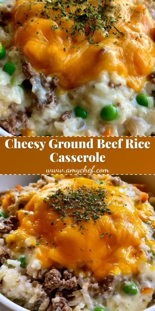 A close-up vertical shot of cheesy Ground Beef and Rice Casserole with melted cheddar and green peas in a white bowl.