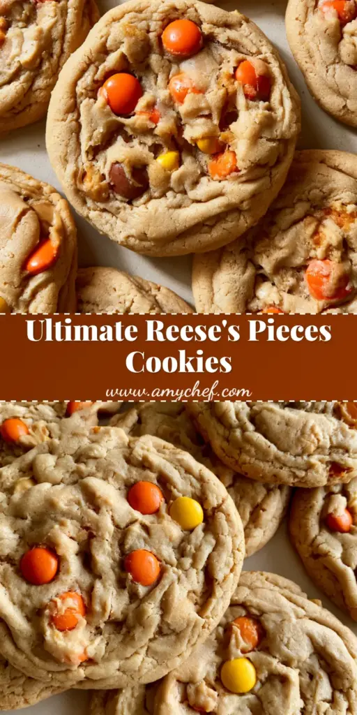 A close-up shot of thick, golden-brown Reese's Pieces Peanut Butter Cookies with a cracked surface and colorful orange, yellow, and brown candy shells.