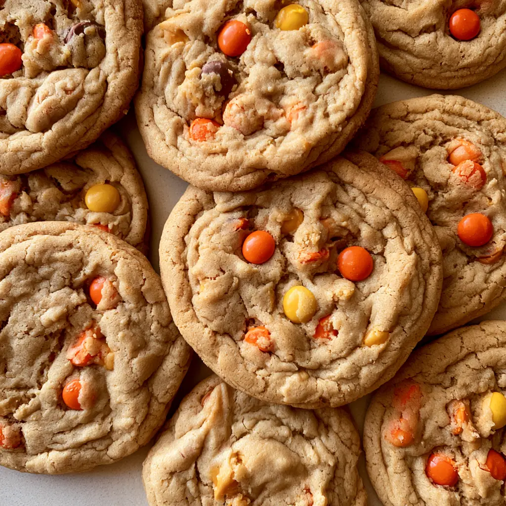 Top-down photo of fresh Reese's Pieces Peanut Butter Cookies showing the soft matte dough and textured, cracked surface.