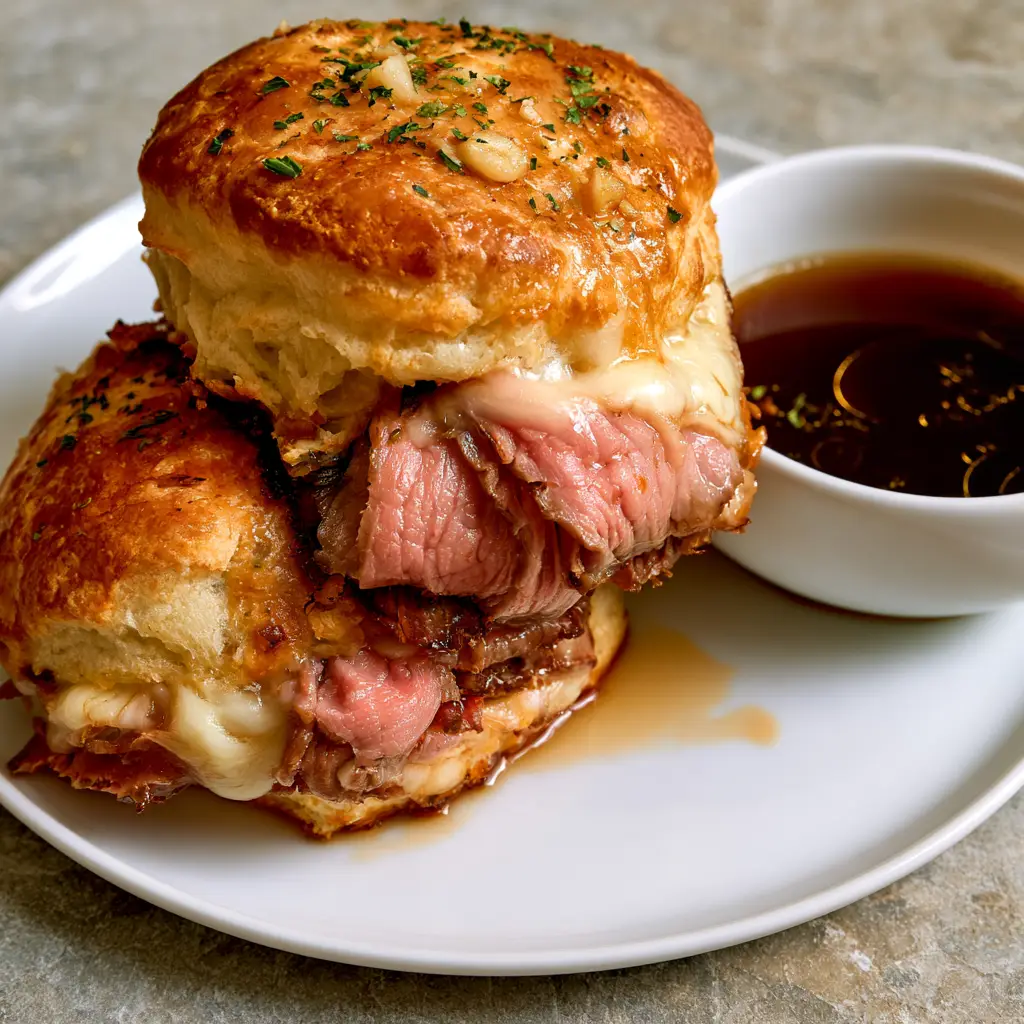 French Dip Biscuits served on a white plate with a dark brown au jus dipping sauce on a grey countertop.
