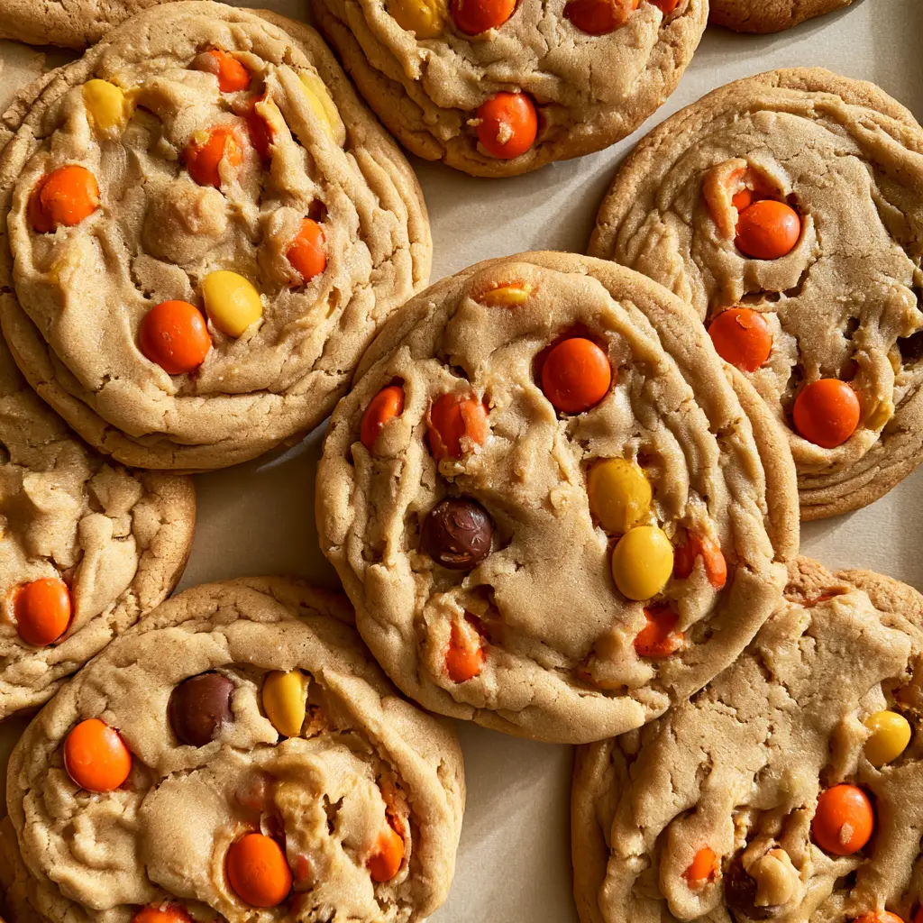 Smartphone photo of a batch of Reese's Pieces Peanut Butter Cookies on a light surface with soft natural daylight.
