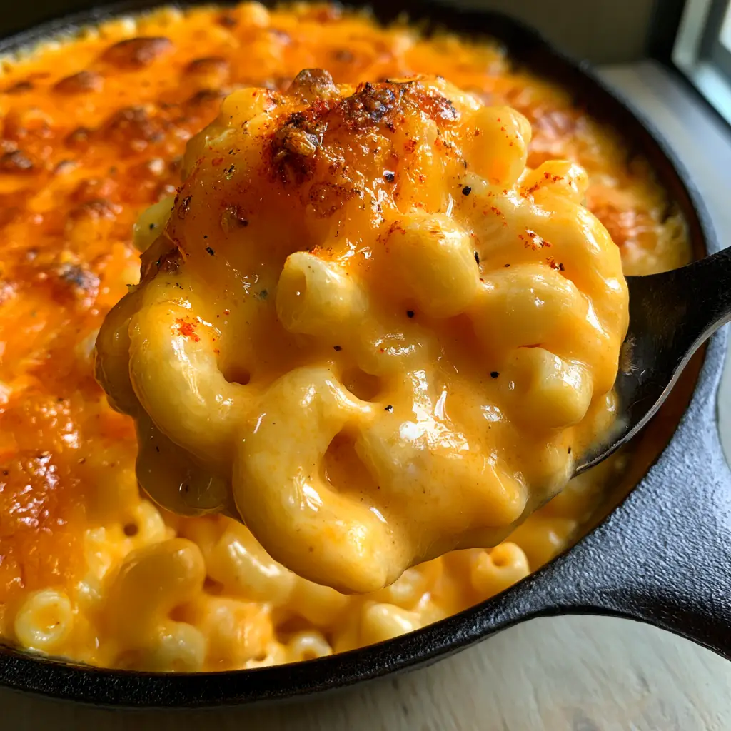 Baked Macaroni and Cheese with a Toasted Cheddar Crust 2 Close-up of Baked Macaroni and Cheese showing the thick glossy orange-yellow sauce and elbow pasta.