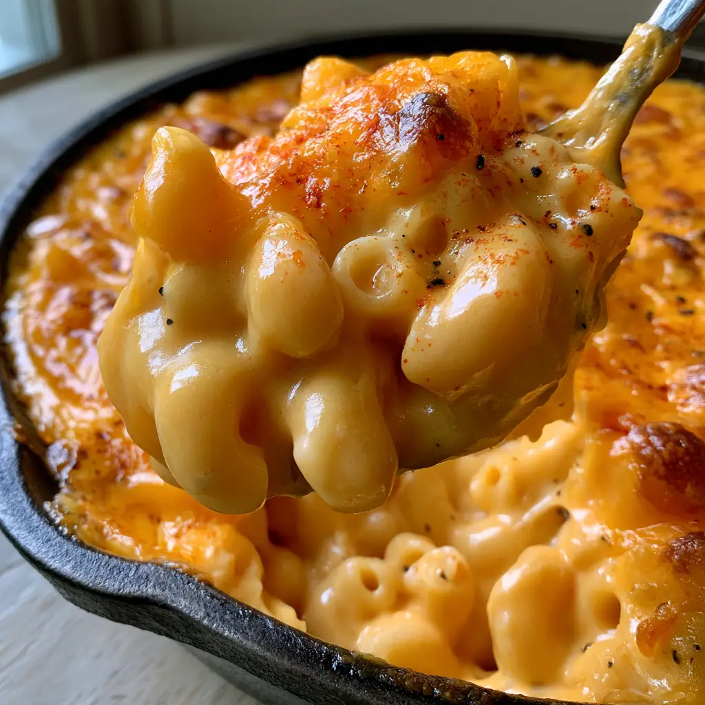 Baked Macaroni and Cheese with a Toasted Cheddar Crust 1 The toasted cheddar cheese crust on top of Baked Macaroni and Cheese with specks of black pepper.