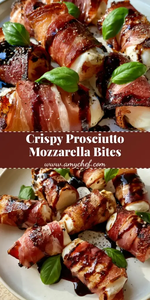 A stack of crispy pan-seared Prosciutto Wrapped Mozzarella bites drizzled with thick balsamic glaze on a white plate.