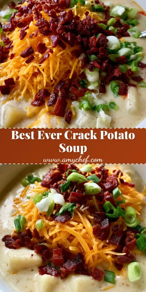 A close-up vertical shot of Crock Pot Crack Potato Soup topped with orange cheddar cheese, crispy bacon, and green onions in a white bowl.